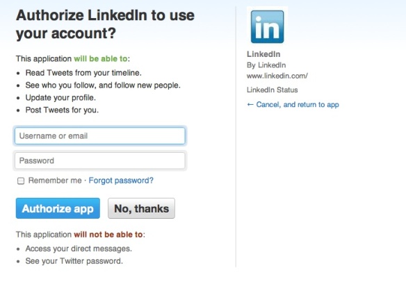 authorizing Twitter in LinkedIn screen shot