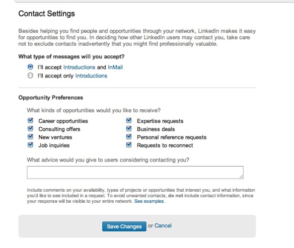 Contact Settings in LinkedIn screen shot