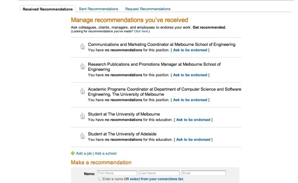 LinkedIn Recommendations screen shot