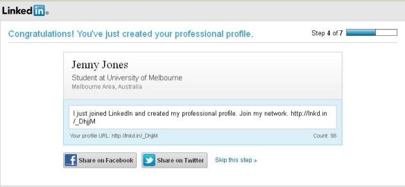 screen shot of successfully created LinkedIn profile