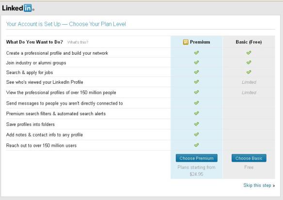 screen shot of LinkedIn plan choices