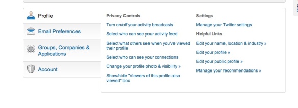 Privacy settings in LinkedIn screen shot