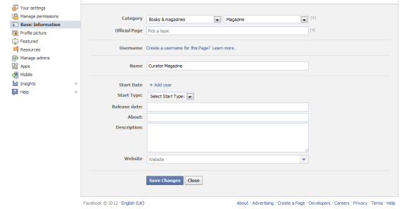 Facebook page profile settings