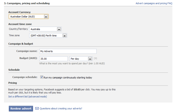 Pricing options for Facebook ads