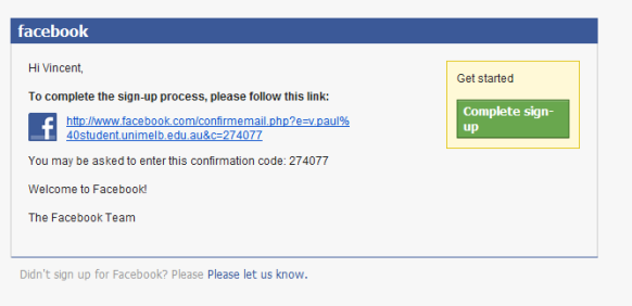 Facebook email confirmation